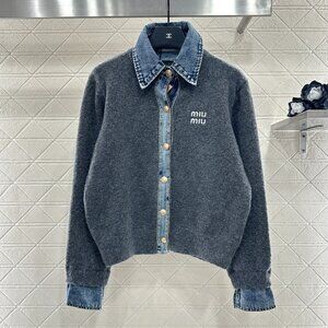 Miu Miu ♥ 2025 New Denim Patchwork Collared Knit Cardigan